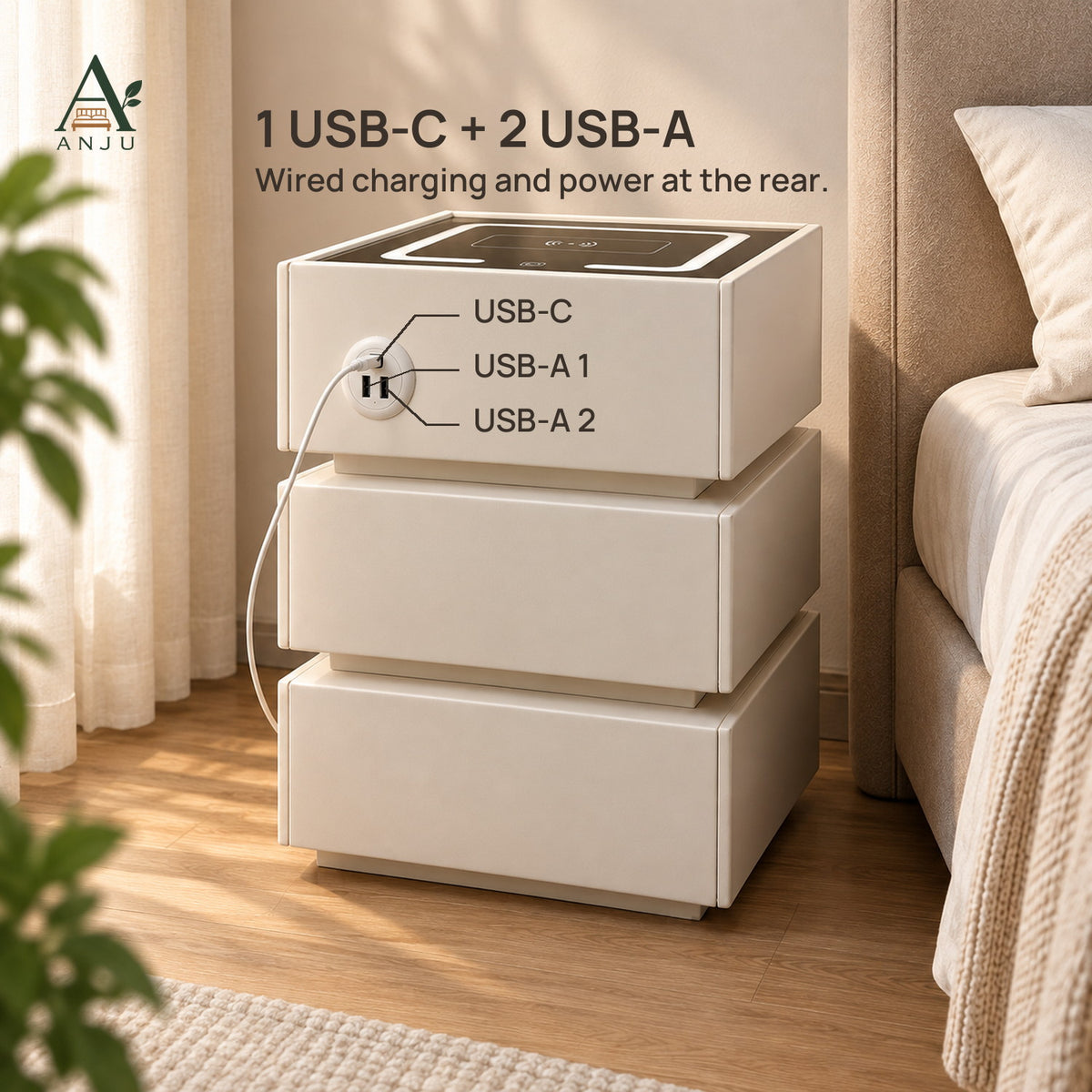 ANJU Smart Bedside Table 40cm with Wireless Charging, USB Ports, Sensor Light and 3 Drawers, Beige — view 4