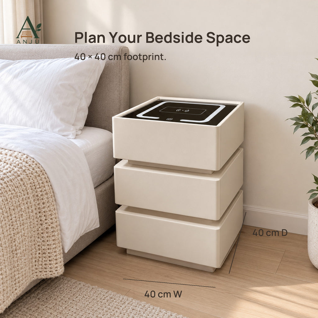 ANJU Smart Bedside Table 40cm with Wireless Charging, USB Ports, Sensor Light and 3 Drawers, Beige — view 6