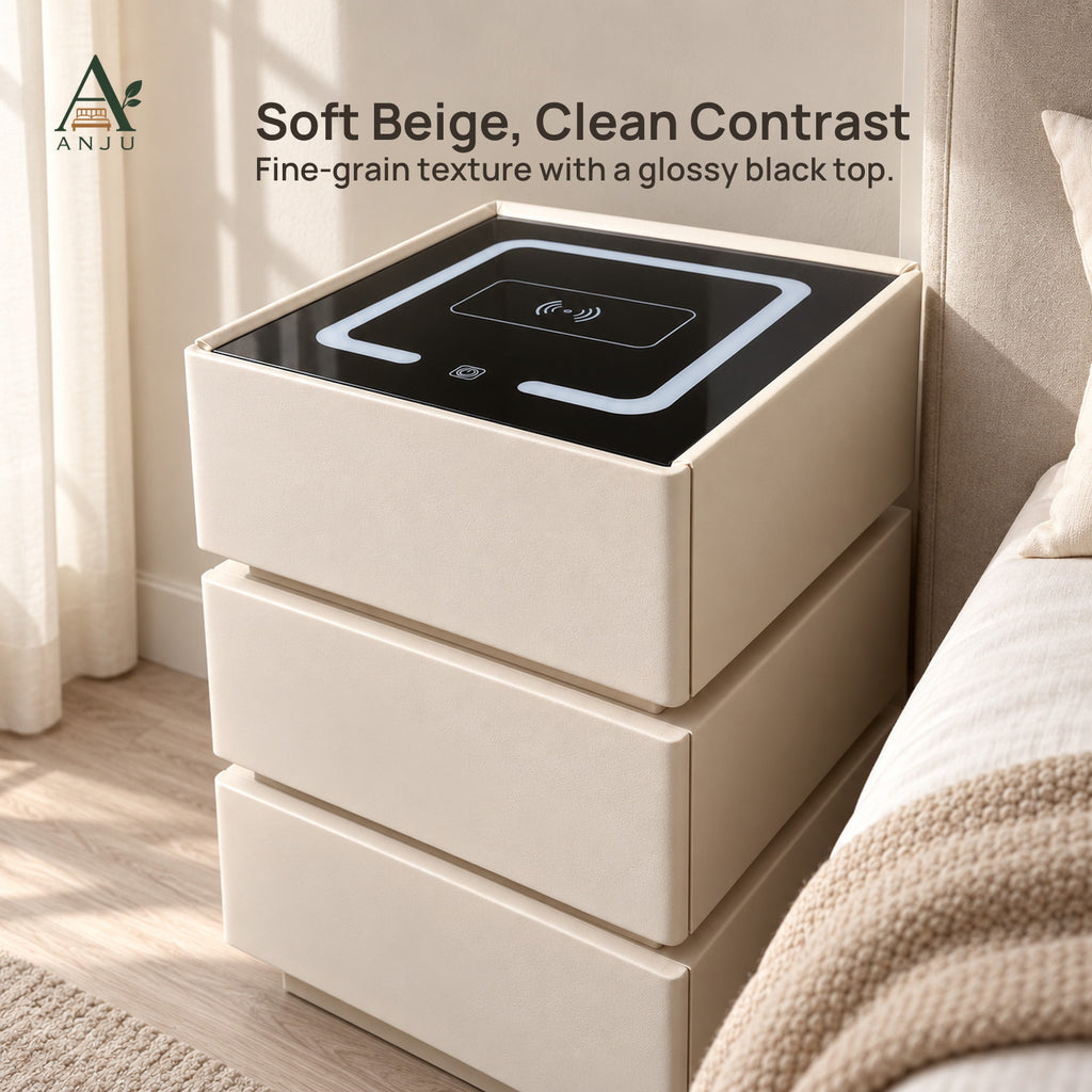 ANJU Smart Bedside Table 40cm with Wireless Charging, USB Ports, Sensor Light and 3 Drawers, Beige — view 7