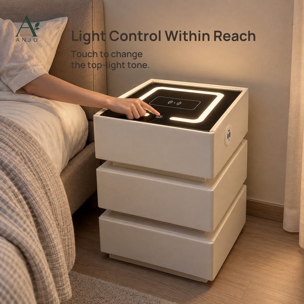 ANJU Smart Bedside Table 40cm with Wireless Charging, USB Ports, Sensor Light and 3 Drawers, Beige — view 8