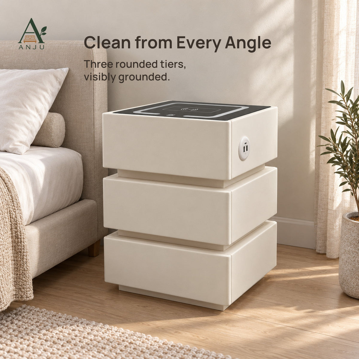 ANJU Smart Bedside Table 40cm with Wireless Charging, USB Ports, Sensor Light and 3 Drawers, Beige — view 9