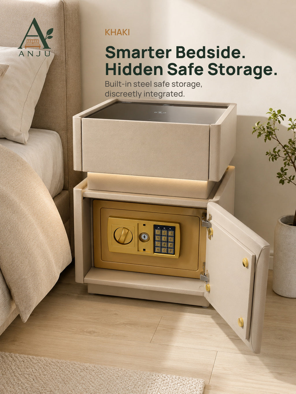 Khaki bedside table with a built-in steel safe storage compartment