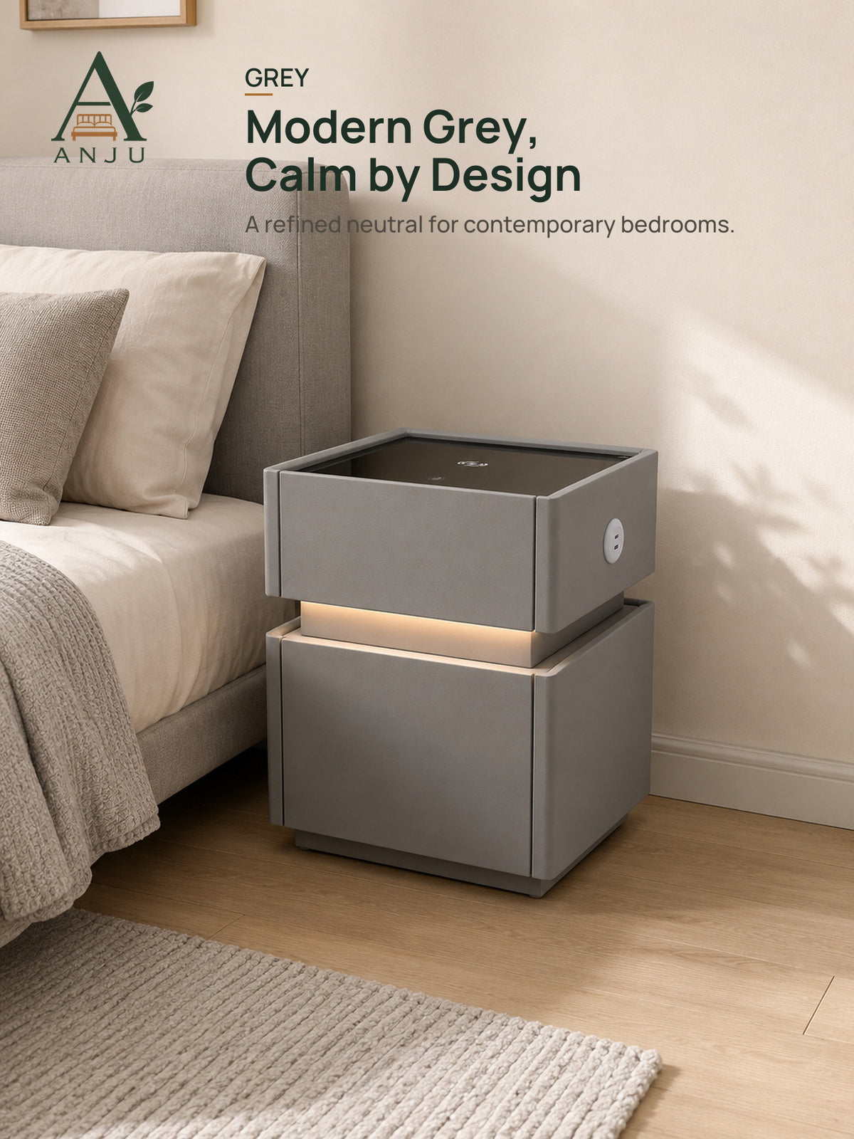 Grey bedside table with drawer and lower cabinet