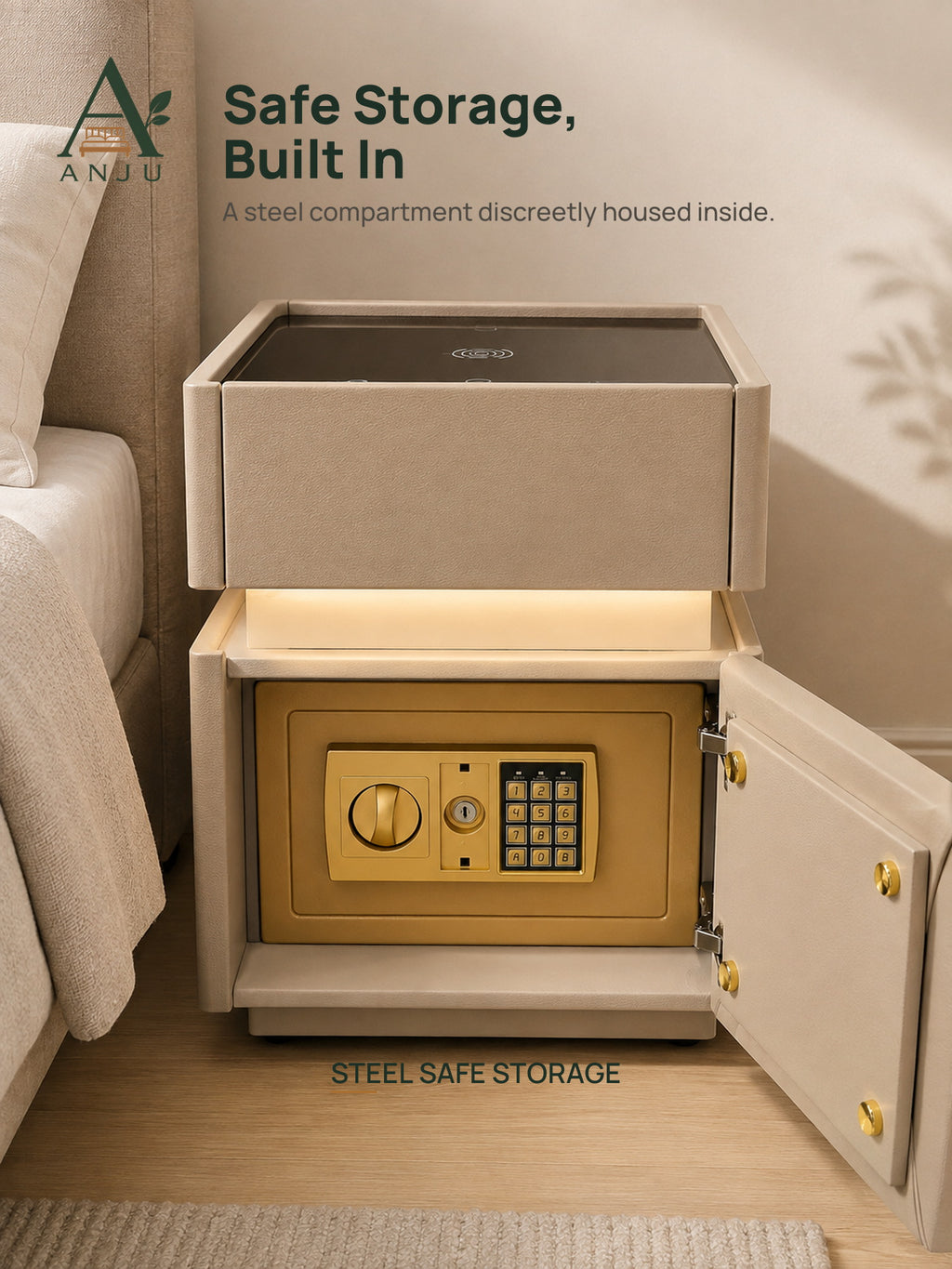 Steel safe storage behind the lower cabinet door
