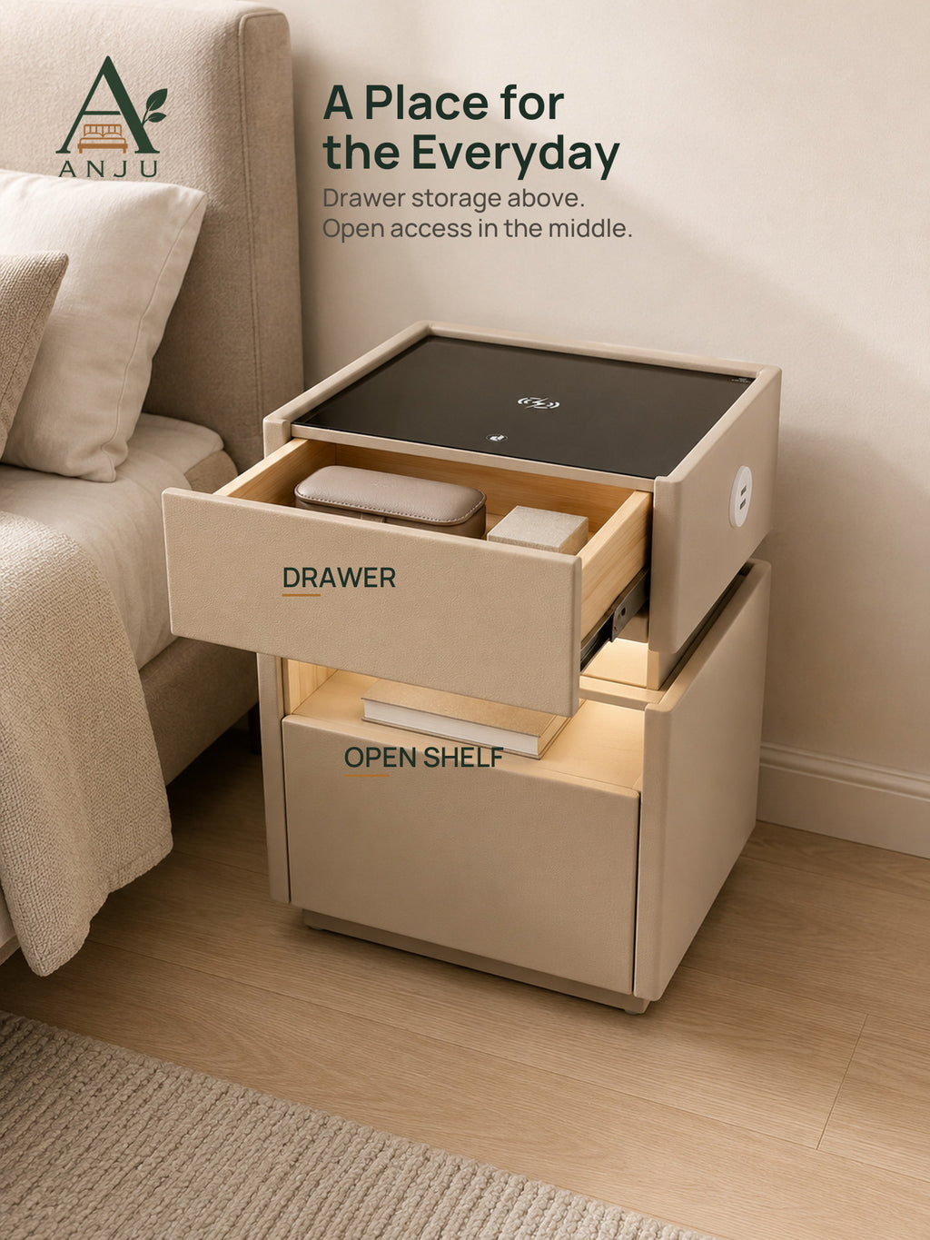 Upper drawer and open middle shelf