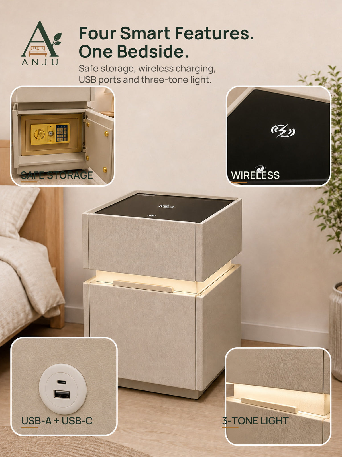 Bedside table storage, charging and lighting features