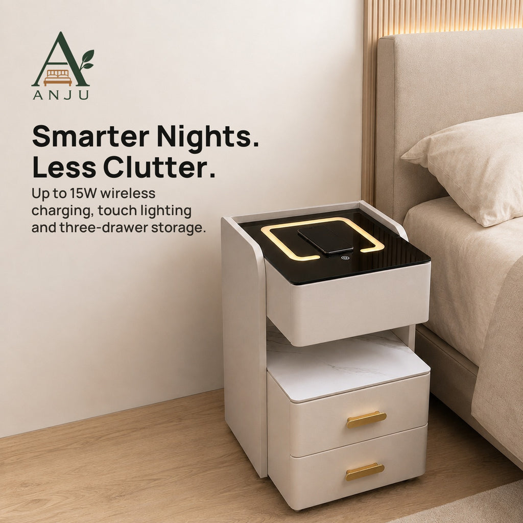ANJU Smart Bedside Table 35cm with 15W Wireless Charging, Sensor Light and 3 Drawers, Beige