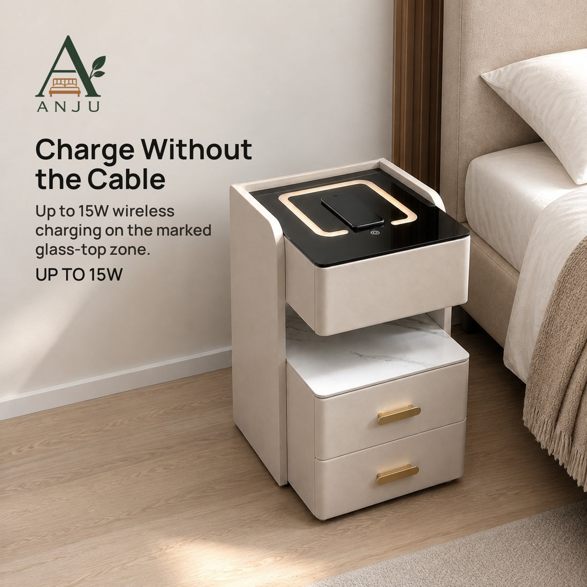 ANJU Smart Bedside Table 35cm with 15W Wireless Charging, Sensor Light and 3 Drawers, Beige — view 2