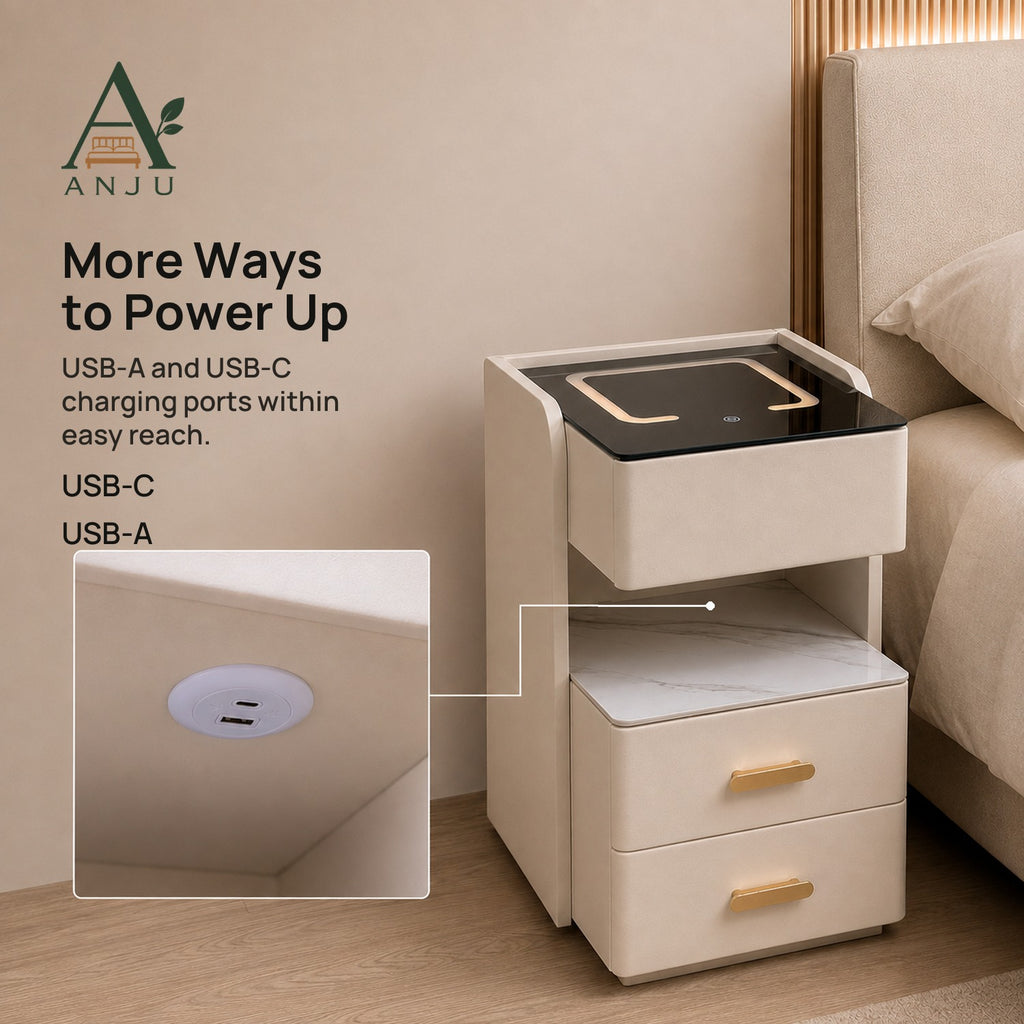 ANJU Smart Bedside Table 35cm with 15W Wireless Charging, Sensor Light and 3 Drawers, Beige — view 3