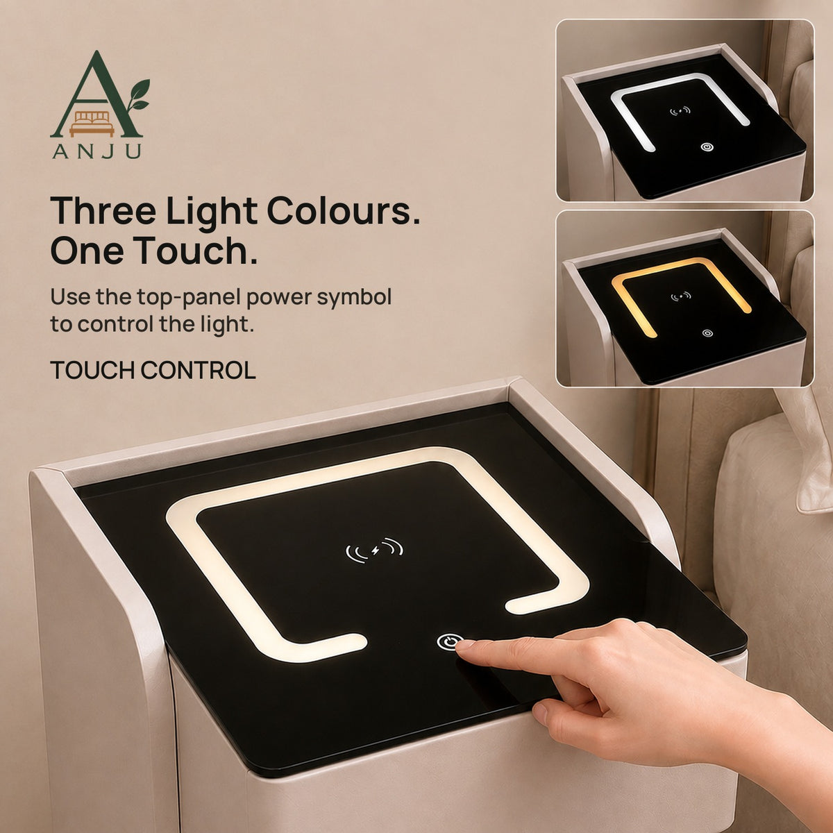 ANJU Smart Bedside Table 35cm with 15W Wireless Charging, Sensor Light and 3 Drawers, Beige — view 4