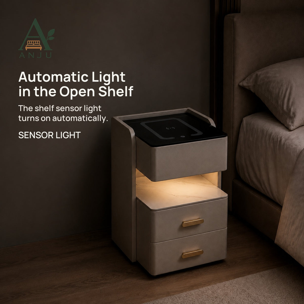 ANJU Smart Bedside Table 35cm with 15W Wireless Charging, Sensor Light and 3 Drawers, Beige — view 5