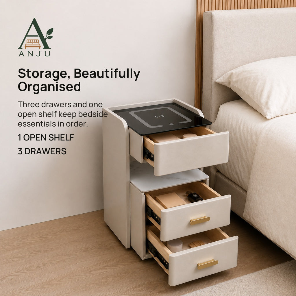 ANJU Smart Bedside Table 35cm with 15W Wireless Charging, Sensor Light and 3 Drawers, Beige — view 6
