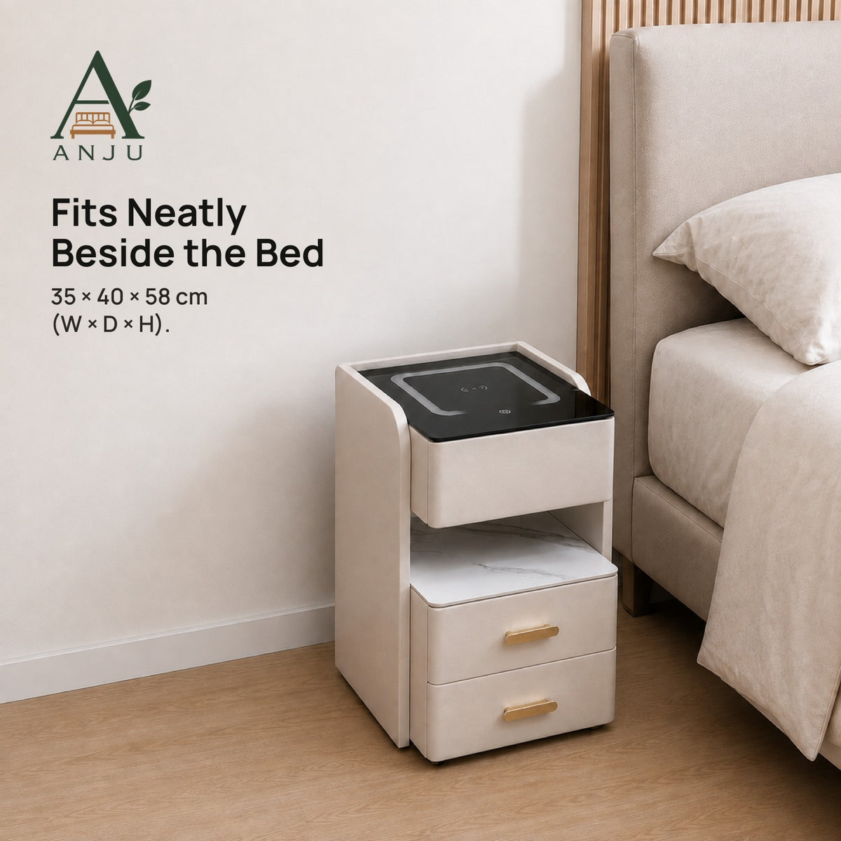 ANJU Smart Bedside Table 35cm with 15W Wireless Charging, Sensor Light and 3 Drawers, Beige — view 7