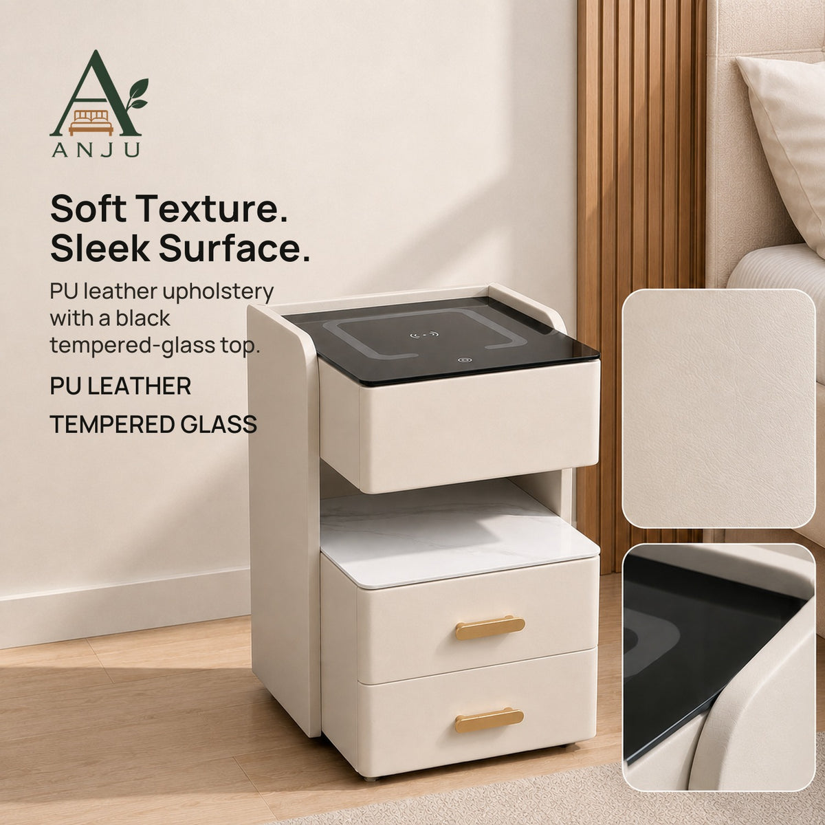 ANJU Smart Bedside Table 35cm with 15W Wireless Charging, Sensor Light and 3 Drawers, Beige — view 8