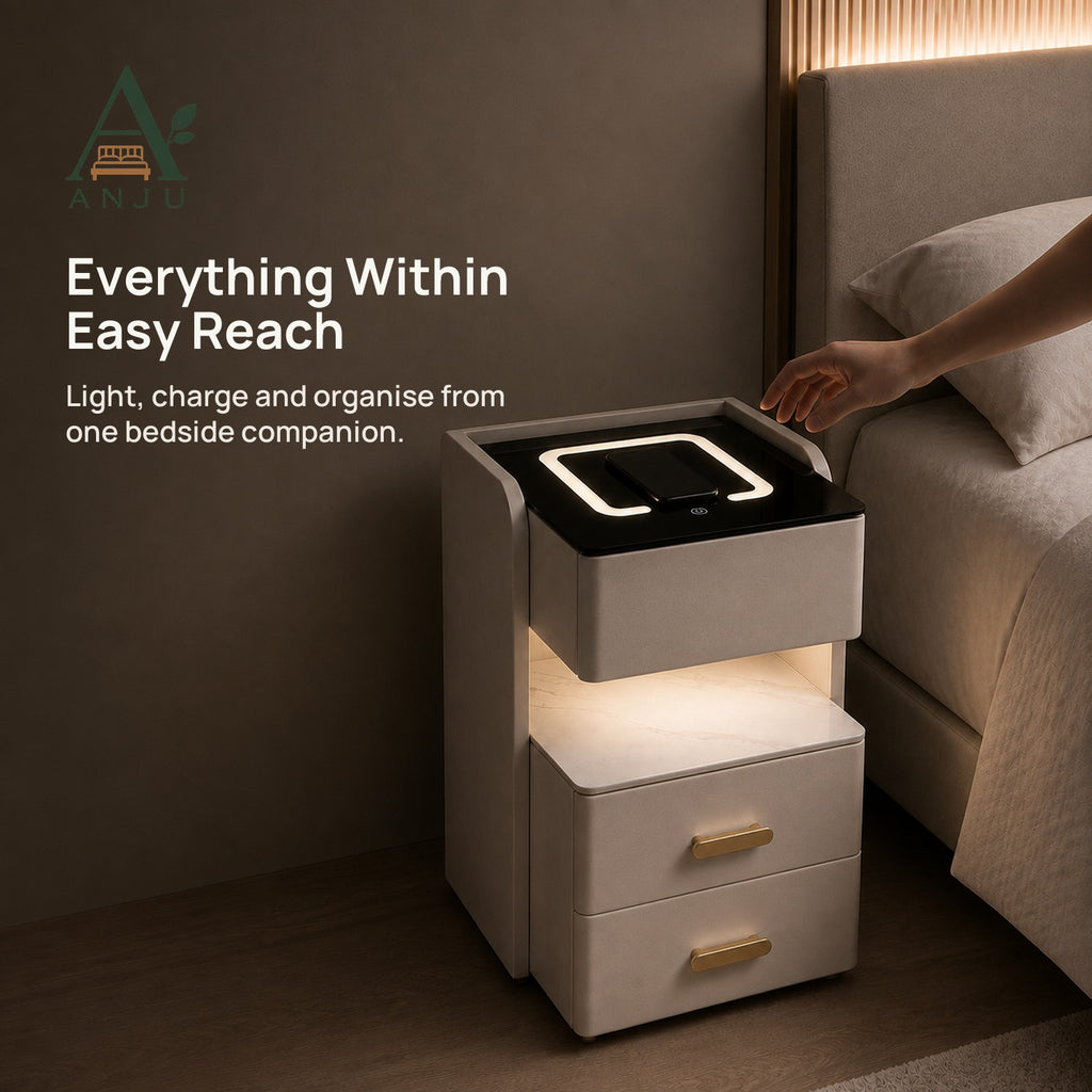 ANJU Smart Bedside Table 35cm with 15W Wireless Charging, Sensor Light and 3 Drawers, Beige — view 9