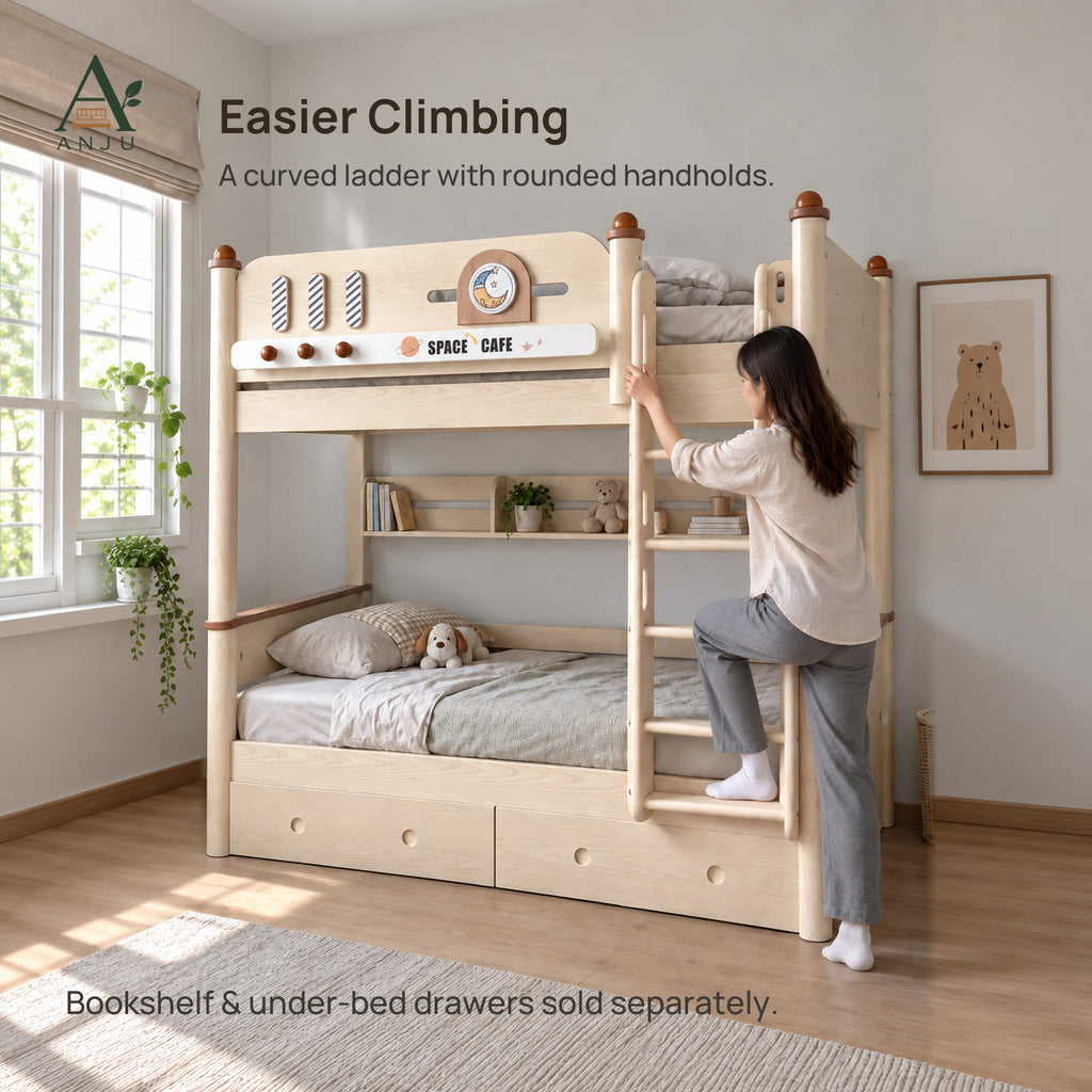 ANJU Solid Wood Bunk Bed Frame with Two 120cm Sleeping Levels, Ash Finish — view 5