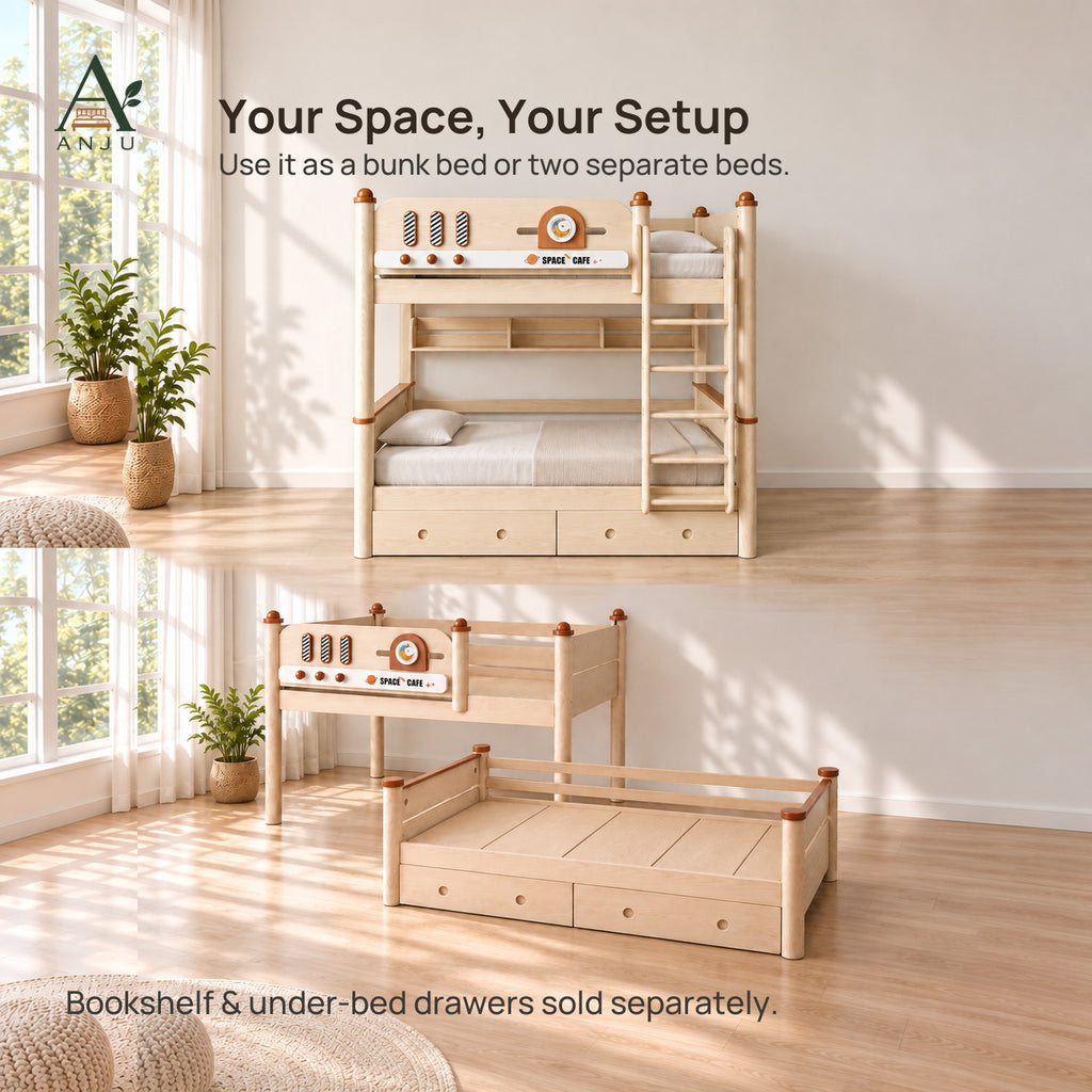 ANJU Solid Wood Bunk Bed Frame with Two 120cm Sleeping Levels, Ash Finish — view 6