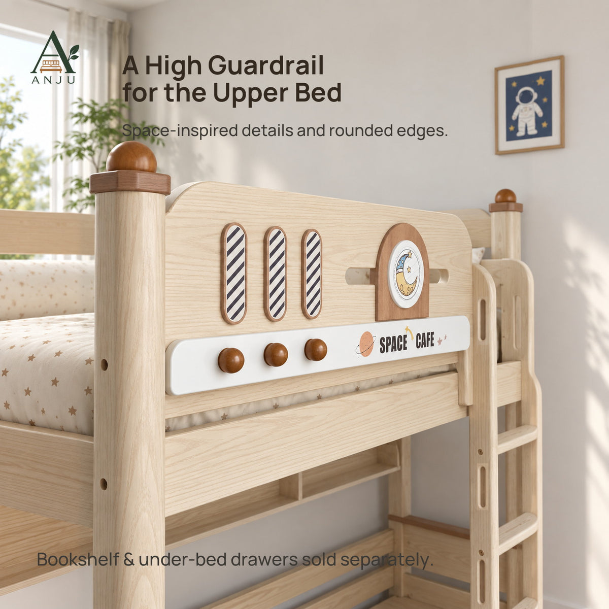 ANJU Solid Wood Bunk Bed Frame with Two 120cm Sleeping Levels, Ash Finish — view 7