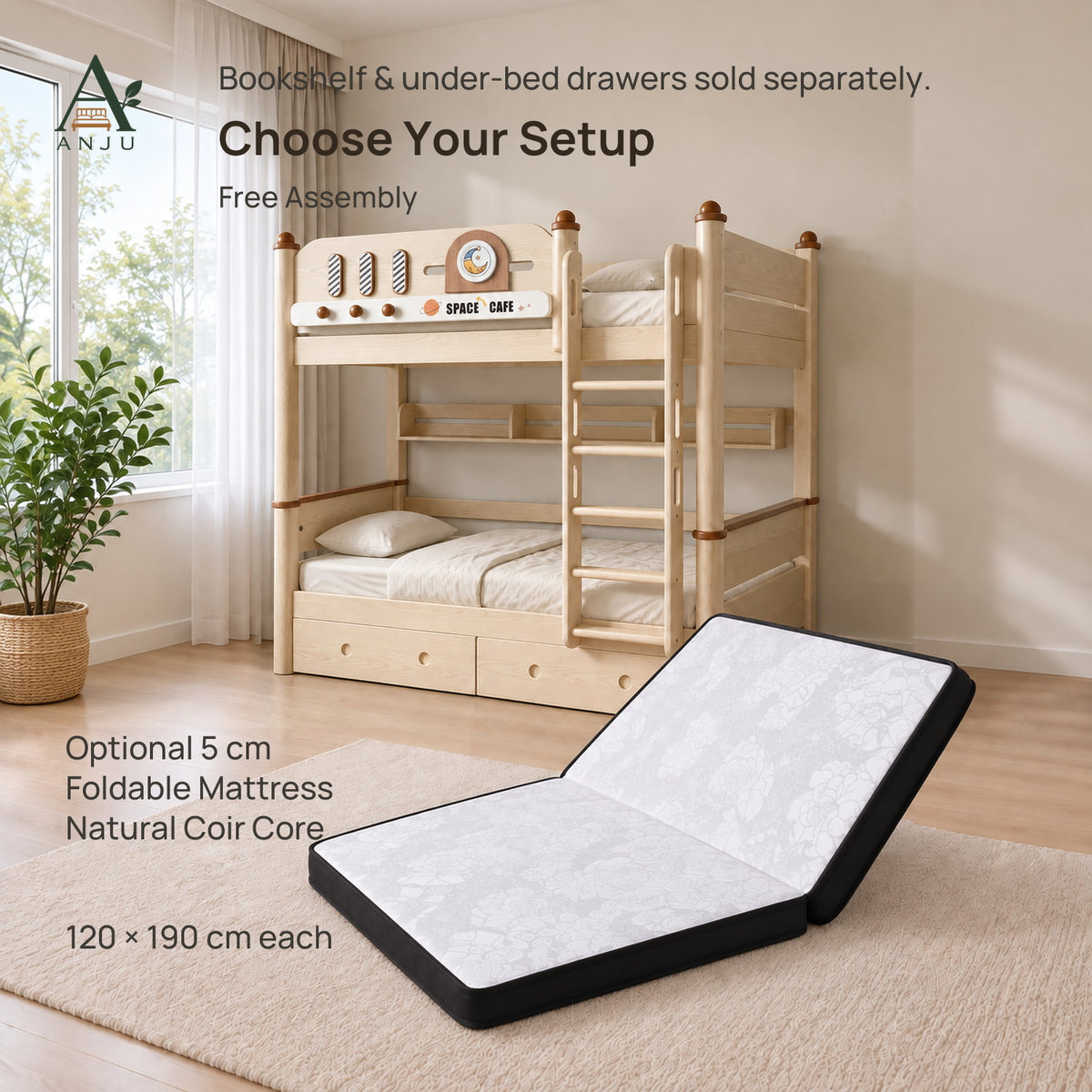 ANJU Solid Wood Bunk Bed Frame with Two 120cm Sleeping Levels, Ash Finish — view 9