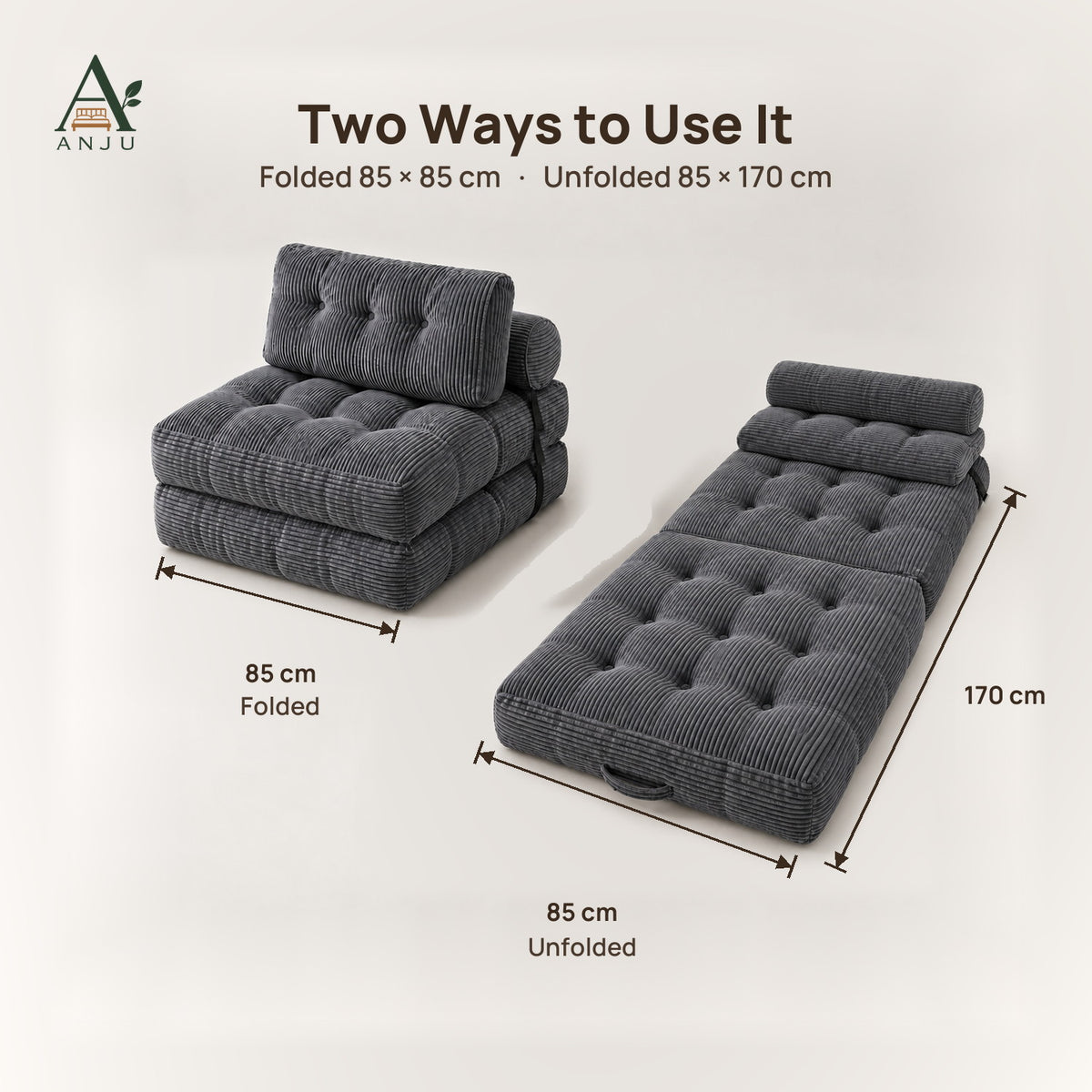 ANJU Foldable Lazy Sofa Bed size chart, sofa and bed modes