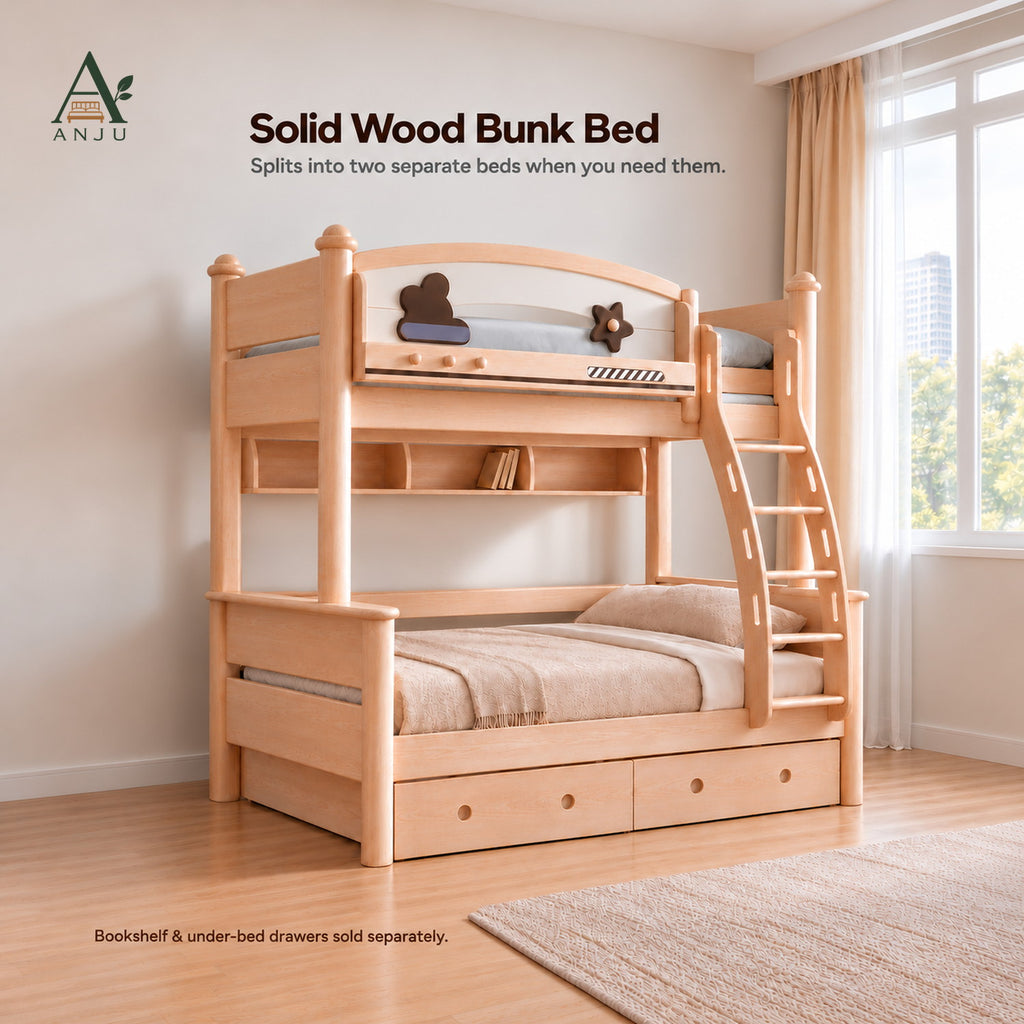 ANJU Wooden Bunk Bed That Splits into 2 Beds, Ash Finish, 1.2m or 1.5m Lower Bunk — image 1