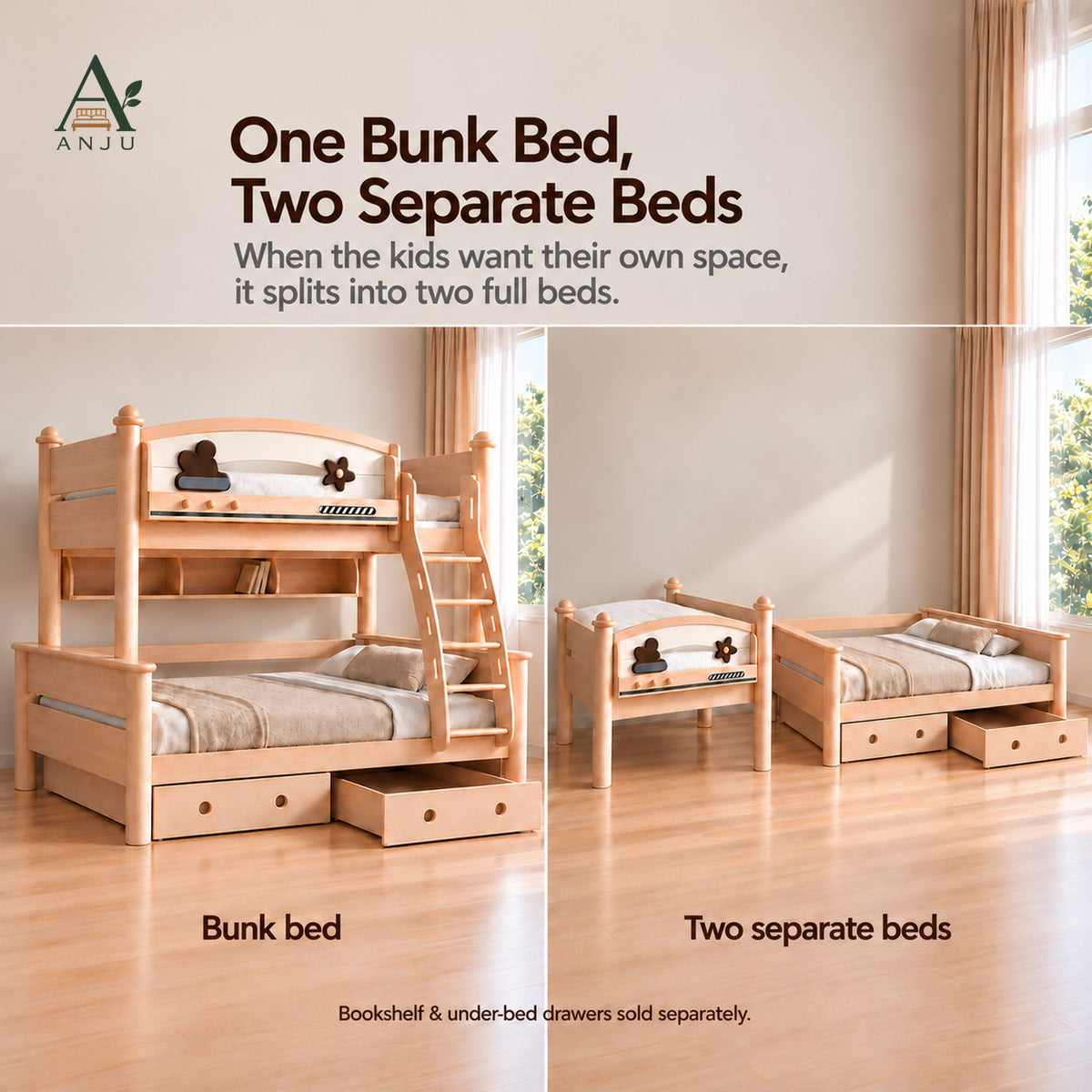 ANJU Wooden Bunk Bed That Splits into 2 Beds, Ash Finish, 1.2m or 1.5m Lower Bunk — image 2