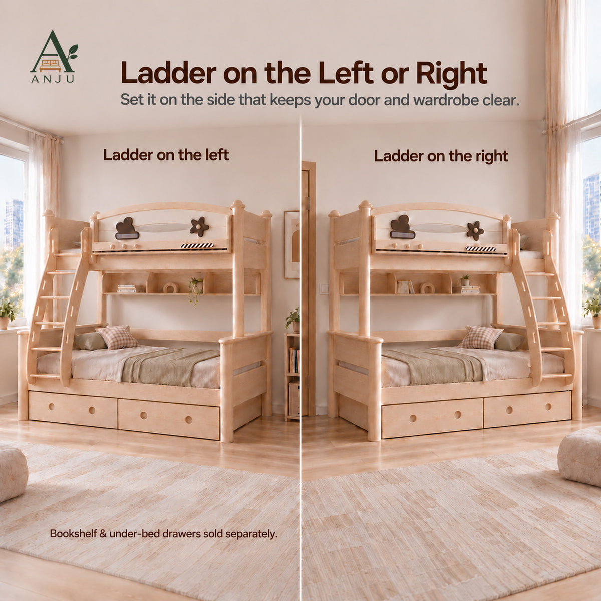 ANJU Wooden Bunk Bed That Splits into 2 Beds, Ash Finish, 1.2m or 1.5m Lower Bunk — image 4