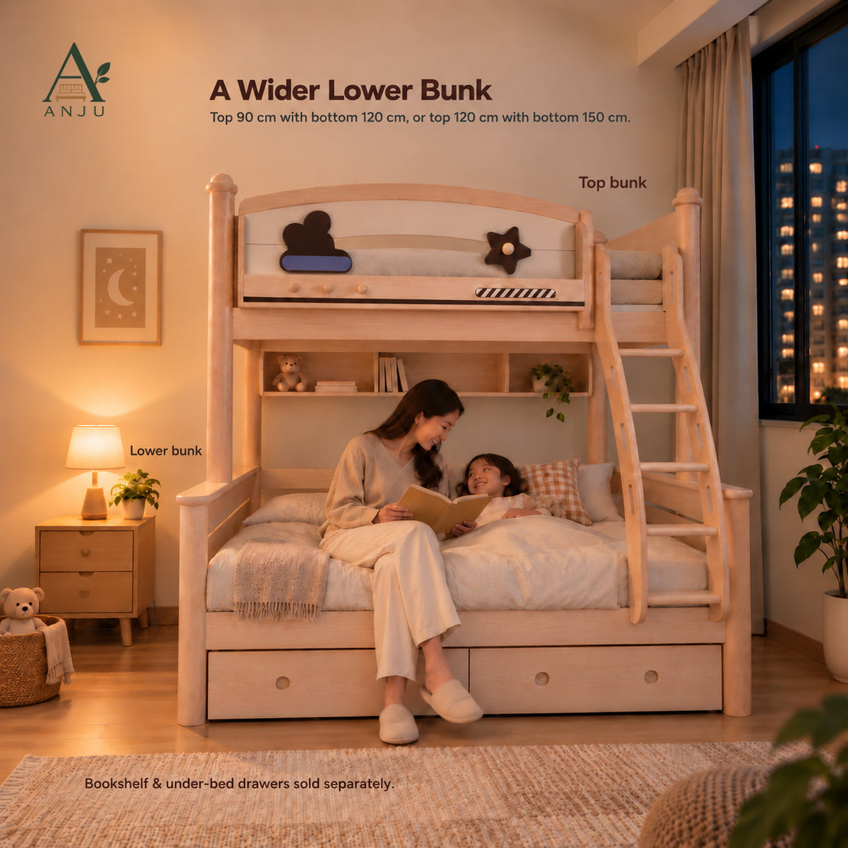 ANJU Wooden Bunk Bed That Splits into 2 Beds, Ash Finish, 1.2m or 1.5m Lower Bunk — image 8