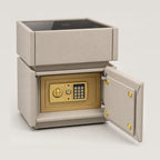ANJU khaki bedside table with built-in steel safe, door open