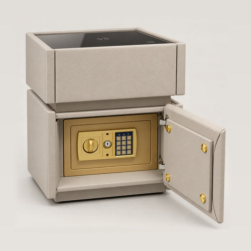 ANJU khaki bedside table with built-in steel safe, door open