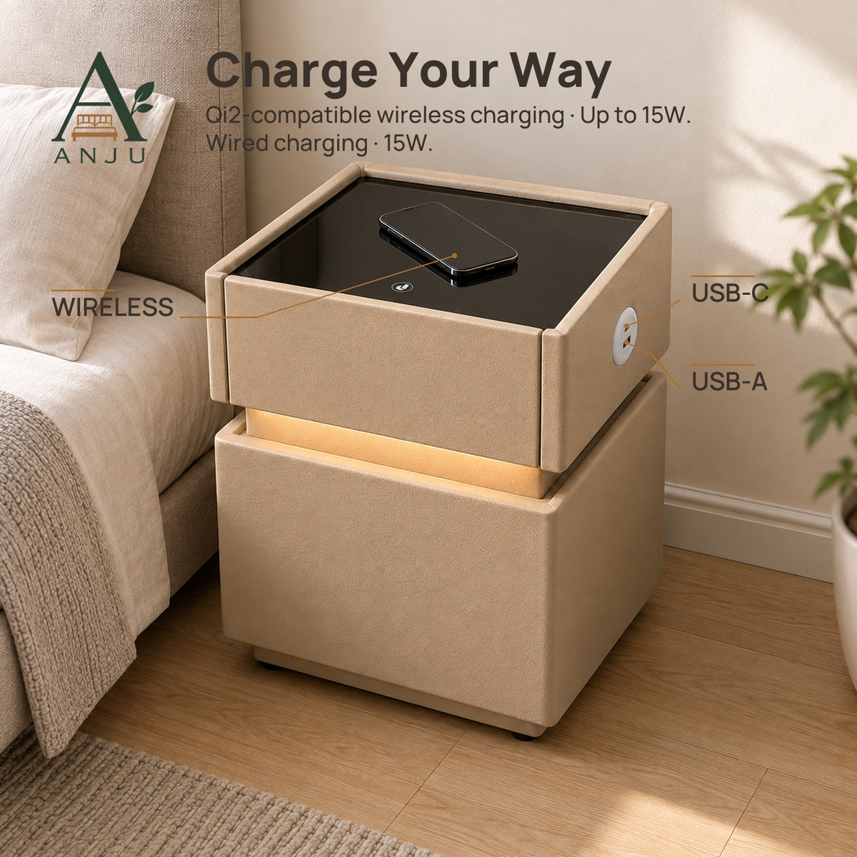 ANJU Bedside Table with Steel Safe Storage — image 4