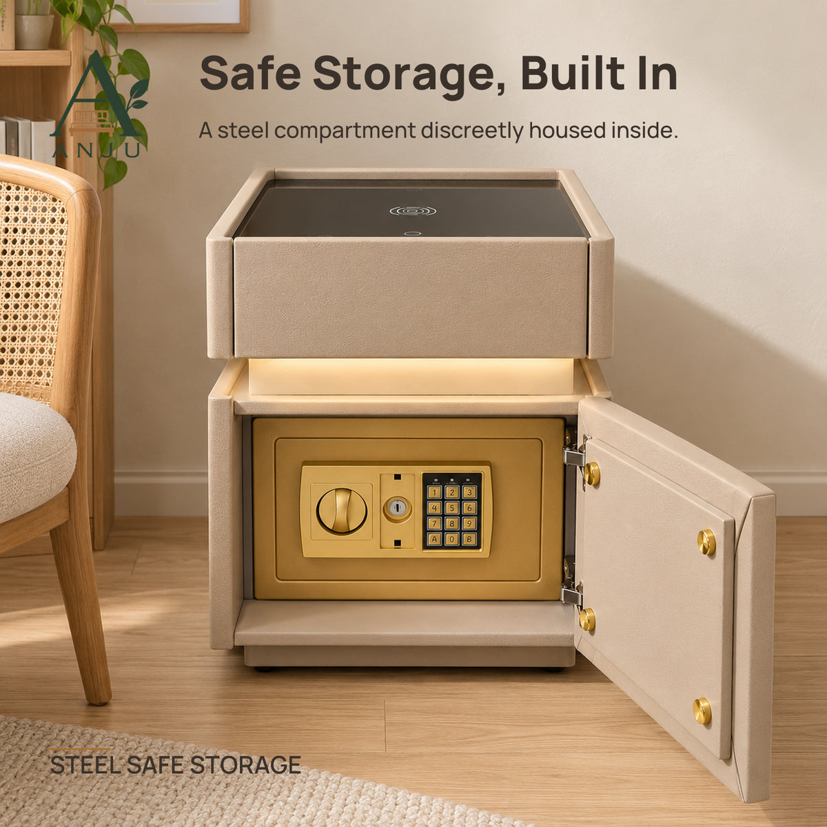 ANJU Bedside Table with Steel Safe Storage — image 5