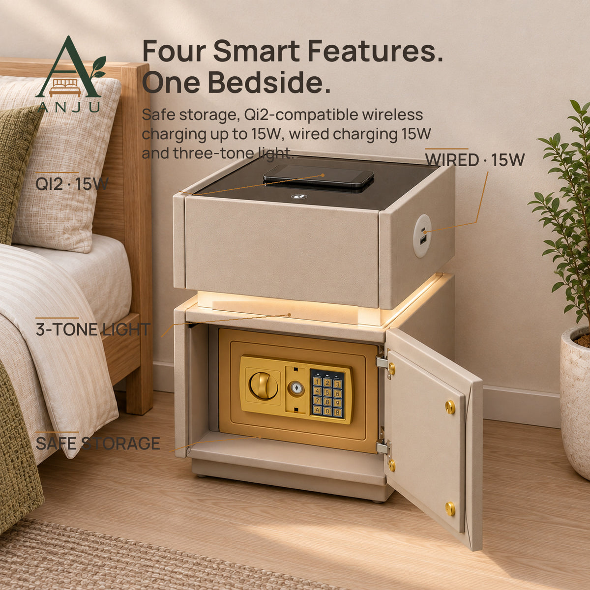 ANJU Bedside Table with Steel Safe Storage — image 9
