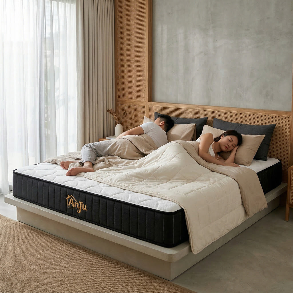 ANJU black roll packed mattress on bed frame