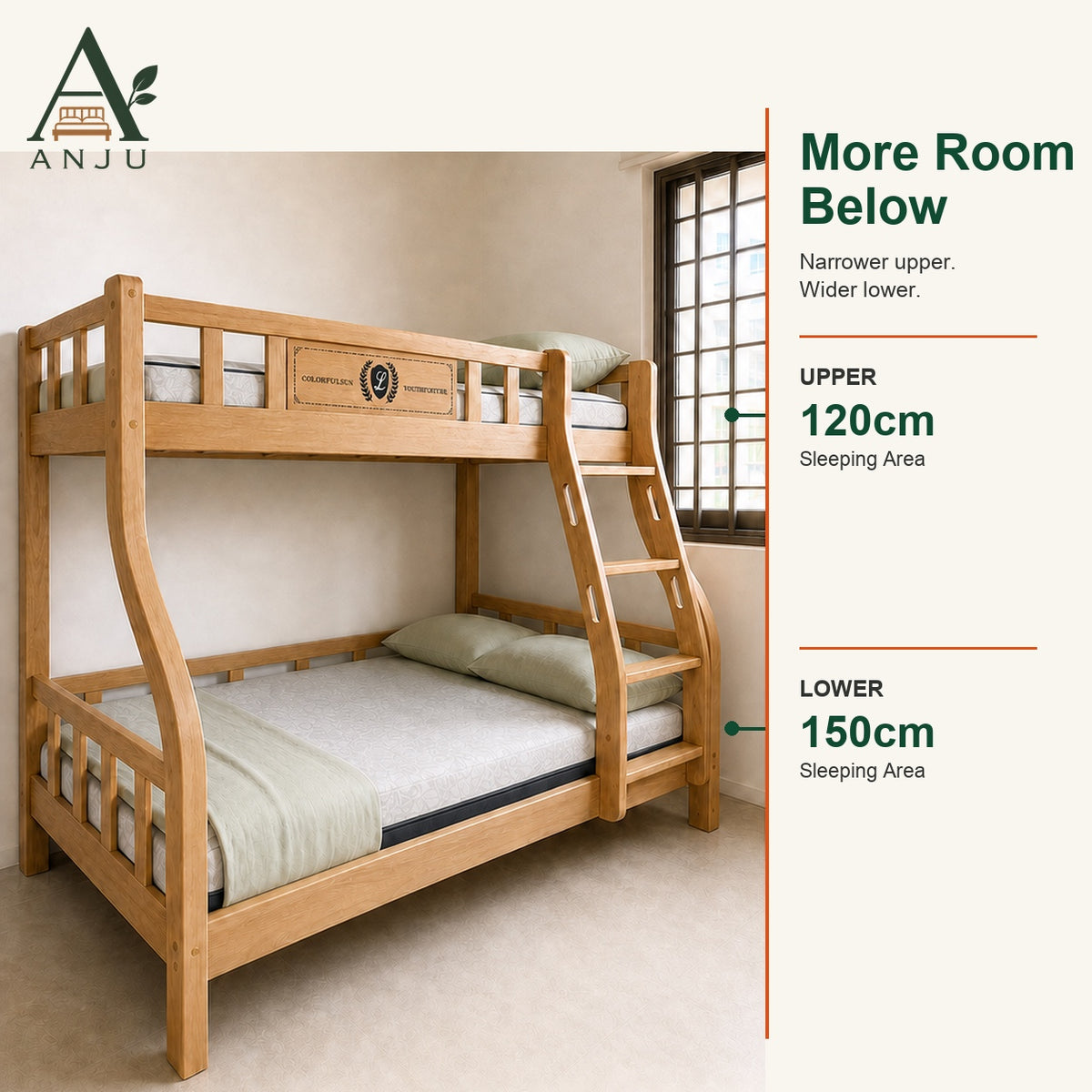 ANJU Wooden Bunk Bed with 2 Folding Mattresses, 120cm Upper and 150cm Lower — image 3