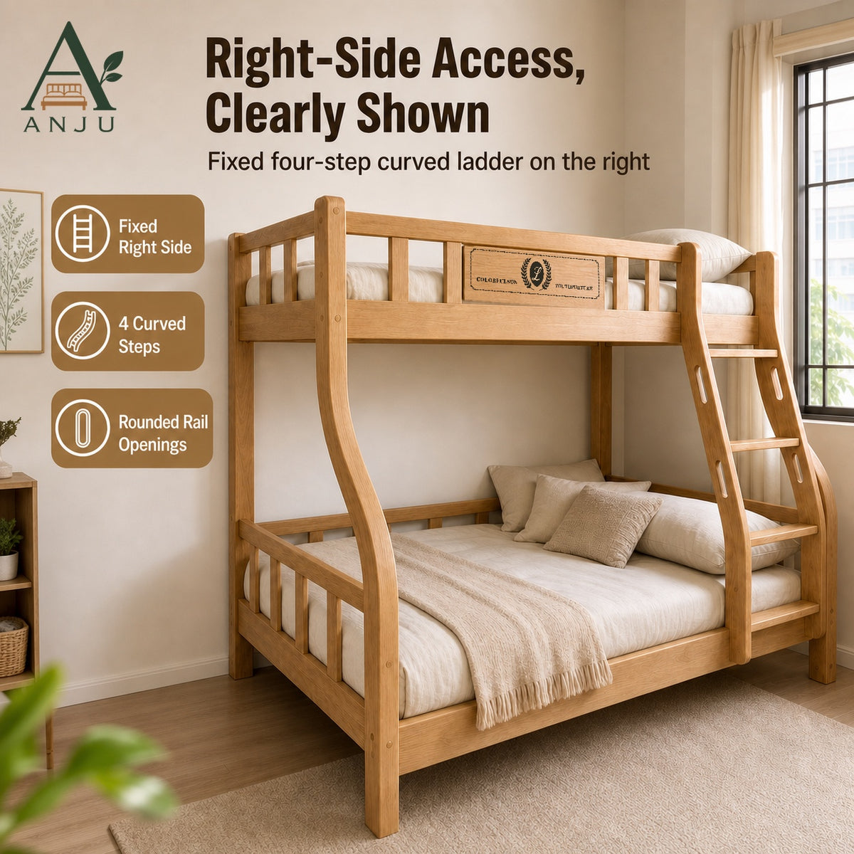 ANJU Wooden Bunk Bed with 2 Folding Mattresses, 120cm Upper and 150cm Lower — image 4