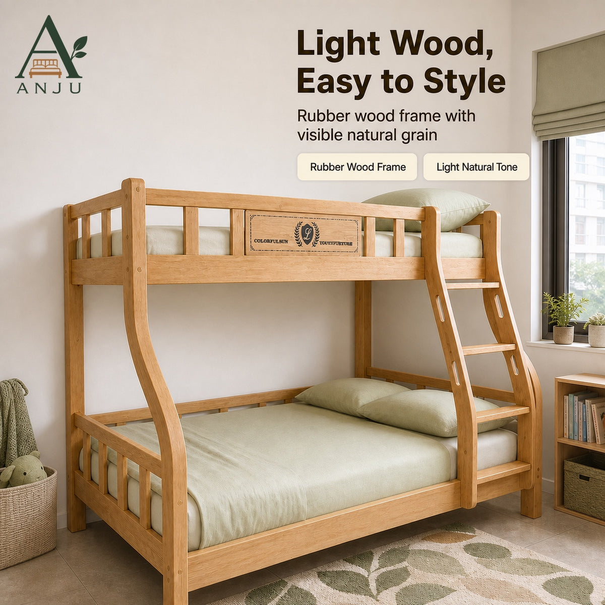 ANJU Wooden Bunk Bed with 2 Folding Mattresses, 120cm Upper and 150cm Lower — image 6