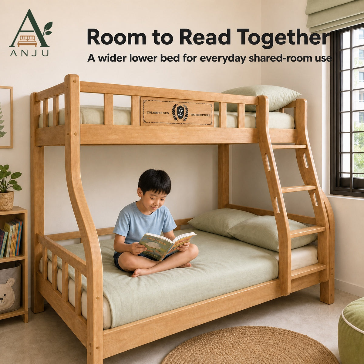 ANJU Wooden Bunk Bed with 2 Folding Mattresses, 120cm Upper and 150cm Lower — image 7