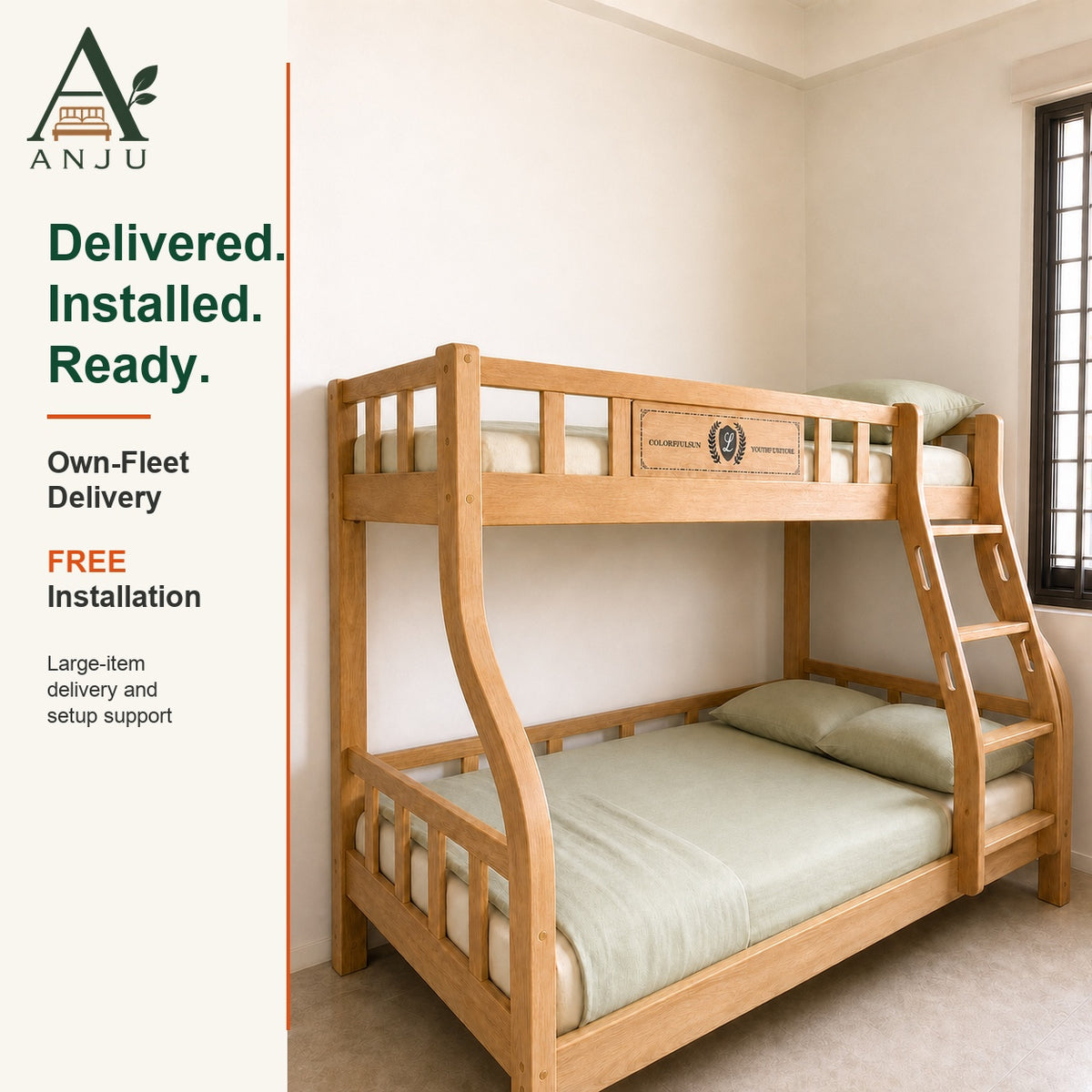 ANJU Wooden Bunk Bed with 2 Folding Mattresses, 120cm Upper and 150cm Lower — image 9