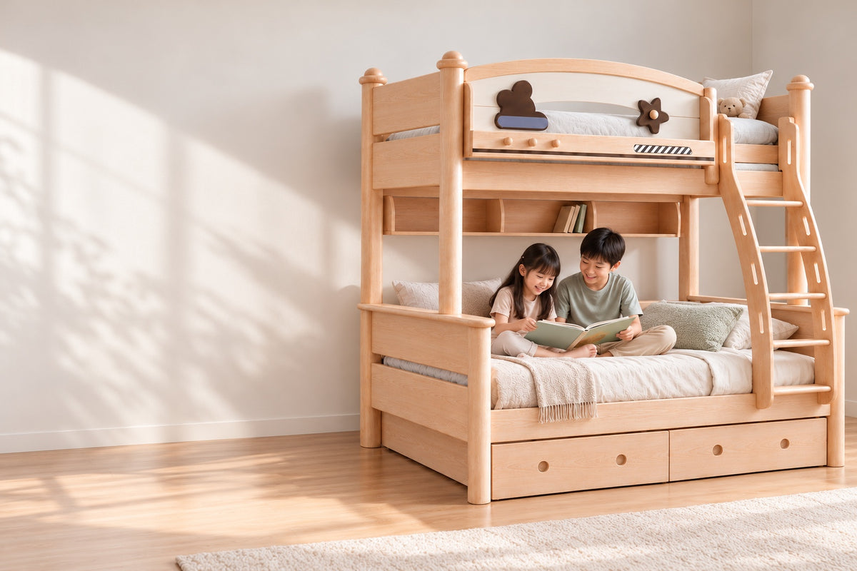Two children reading a picture book on the lower bunk of an Ash-finish wooden bunk bed with a ladder and under-bed drawers