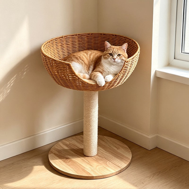 ANJU Sisal Cat Scratching Post with Woven Basket Bed or Round Perch - Woven basket bed