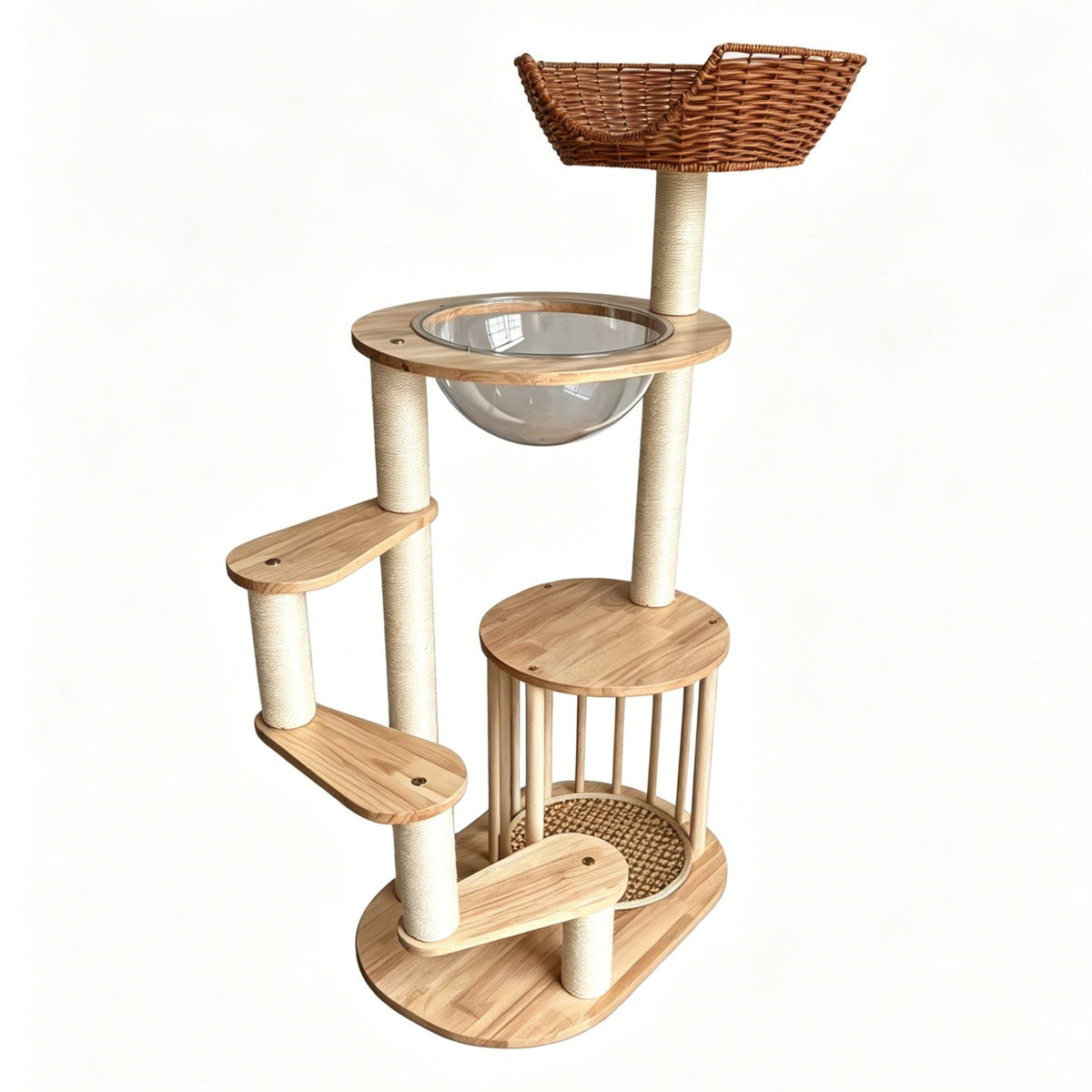 ANJU 110cm Cat Tree with Woven Basket, Clear Bowl and Wooden Dowel Den