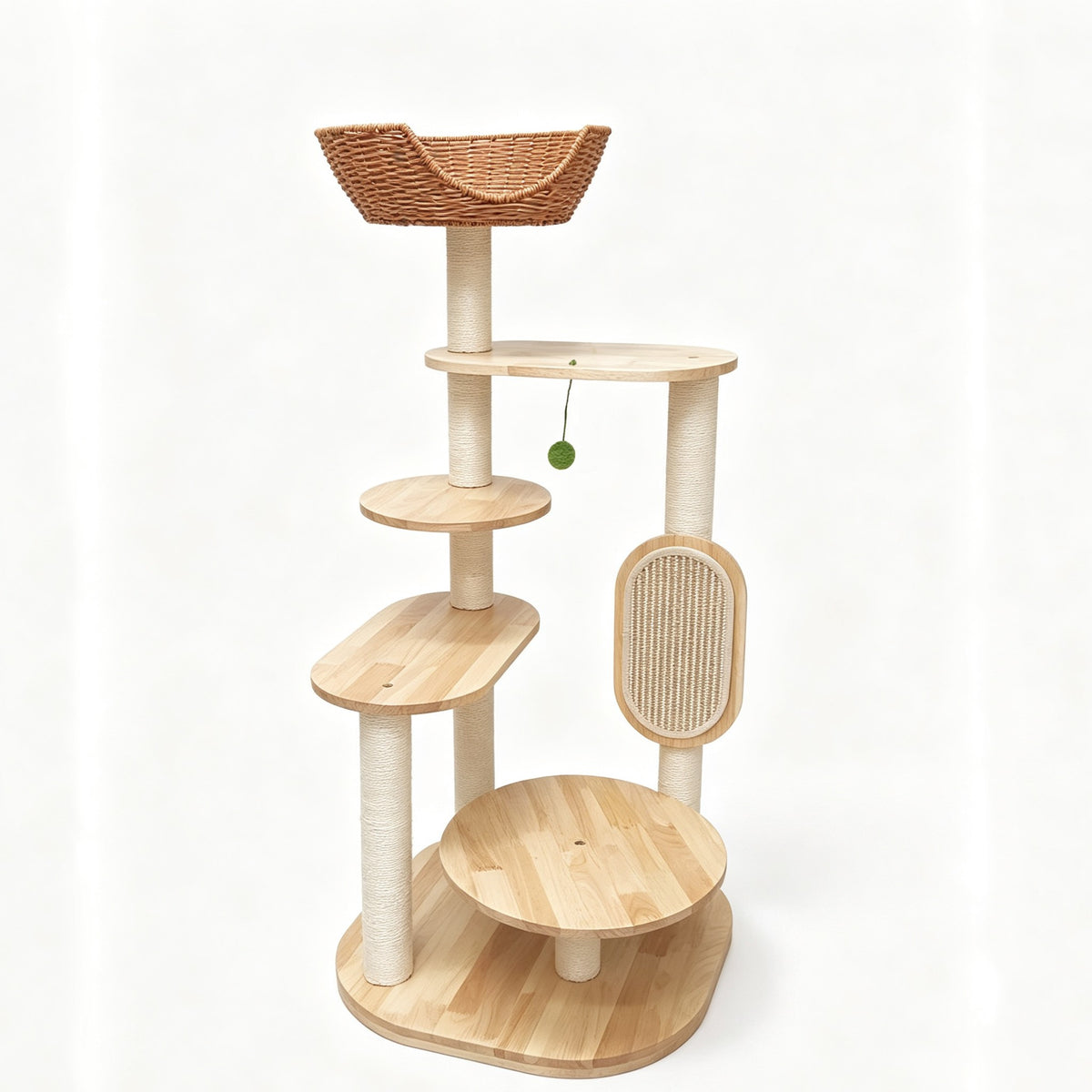 ANJU 114cm Cat Tree with Woven Basket, Sisal Posts and Scratching Pad