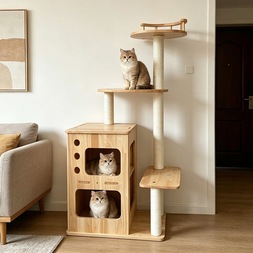 ANJU 123cm Cat Tree with Wooden Cat House, Sisal Posts and Railed Top Perch