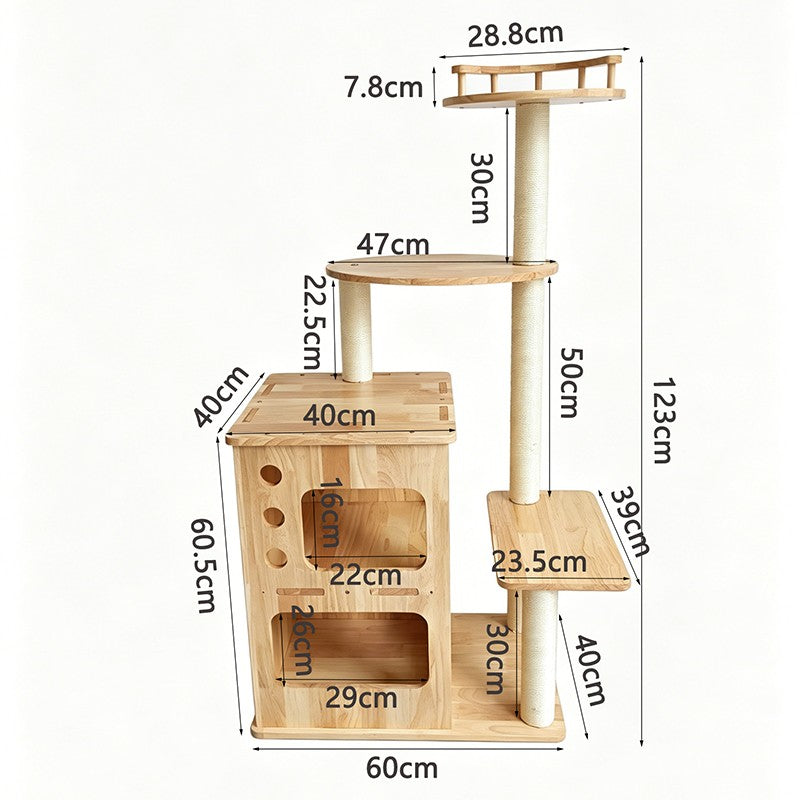 ANJU 123cm Cat Tree with Wooden Cat House, Sisal Posts and Railed Top Perch - dimensions