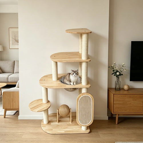 ANJU 128cm Cat Tree with Clear Bowl, Jute Ball and Scratching Pad