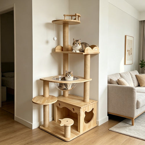 ANJU 133cm Cat Tree with Clear Bowl, Wooden Cat House and Fish-Shaped Step