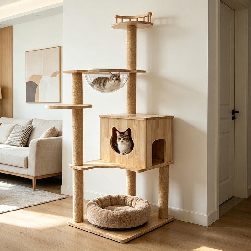 ANJU 145cm Tall Cat Tree with Clear Bowl, Cat House and Railed Top Perch
