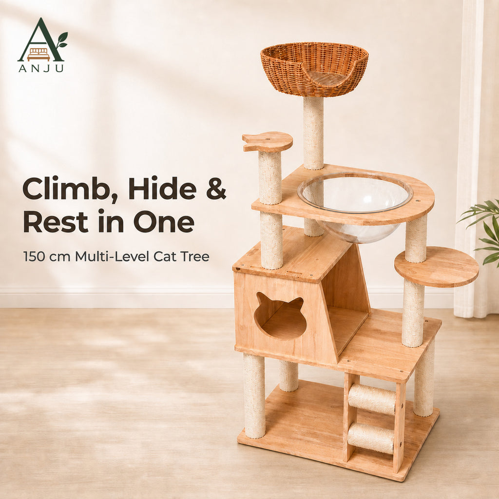 ANJU 150cm Cat Tree with Clear Bowl, Cat House and Woven Basket — image 1