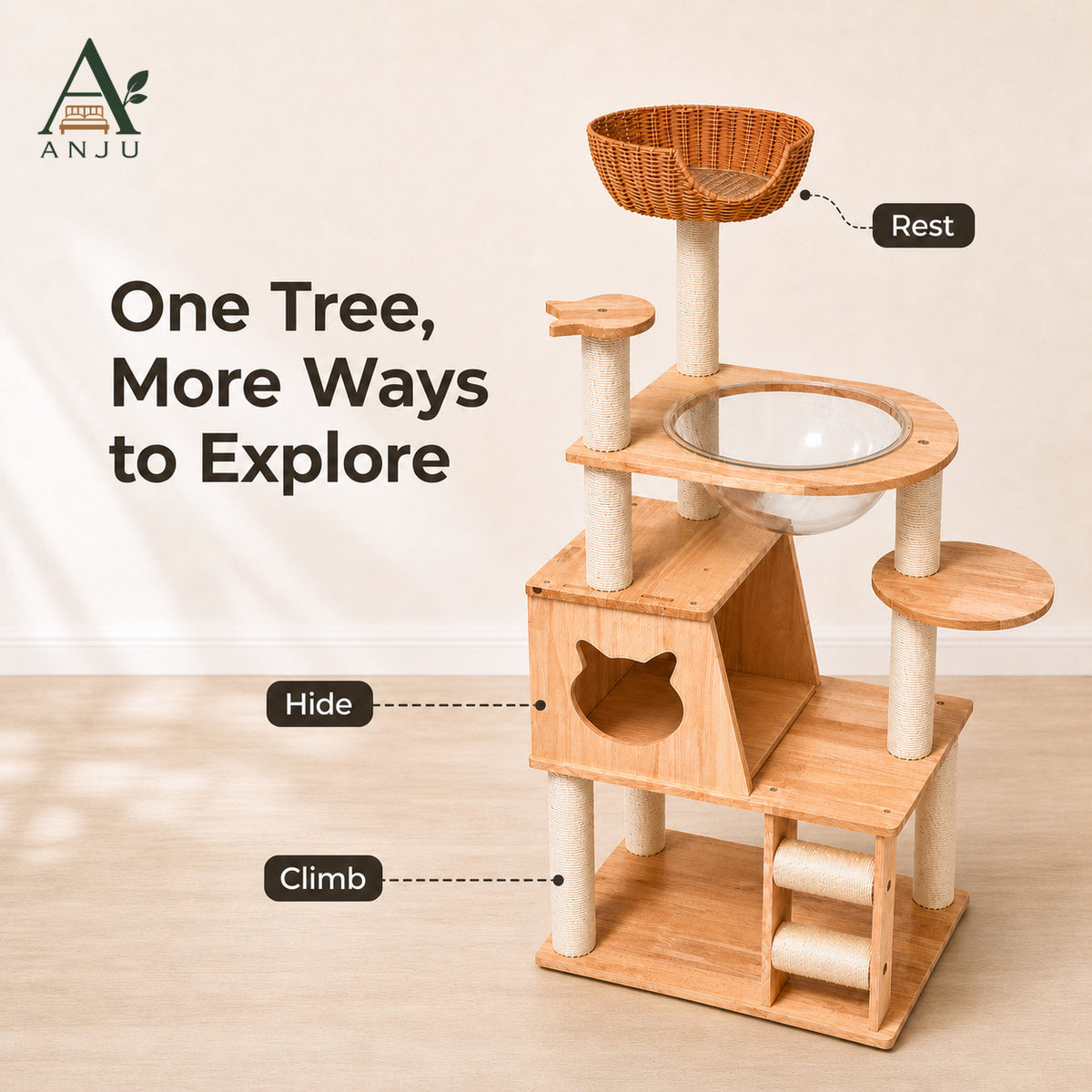 ANJU 150cm Cat Tree with Clear Bowl, Cat House and Woven Basket — image 2